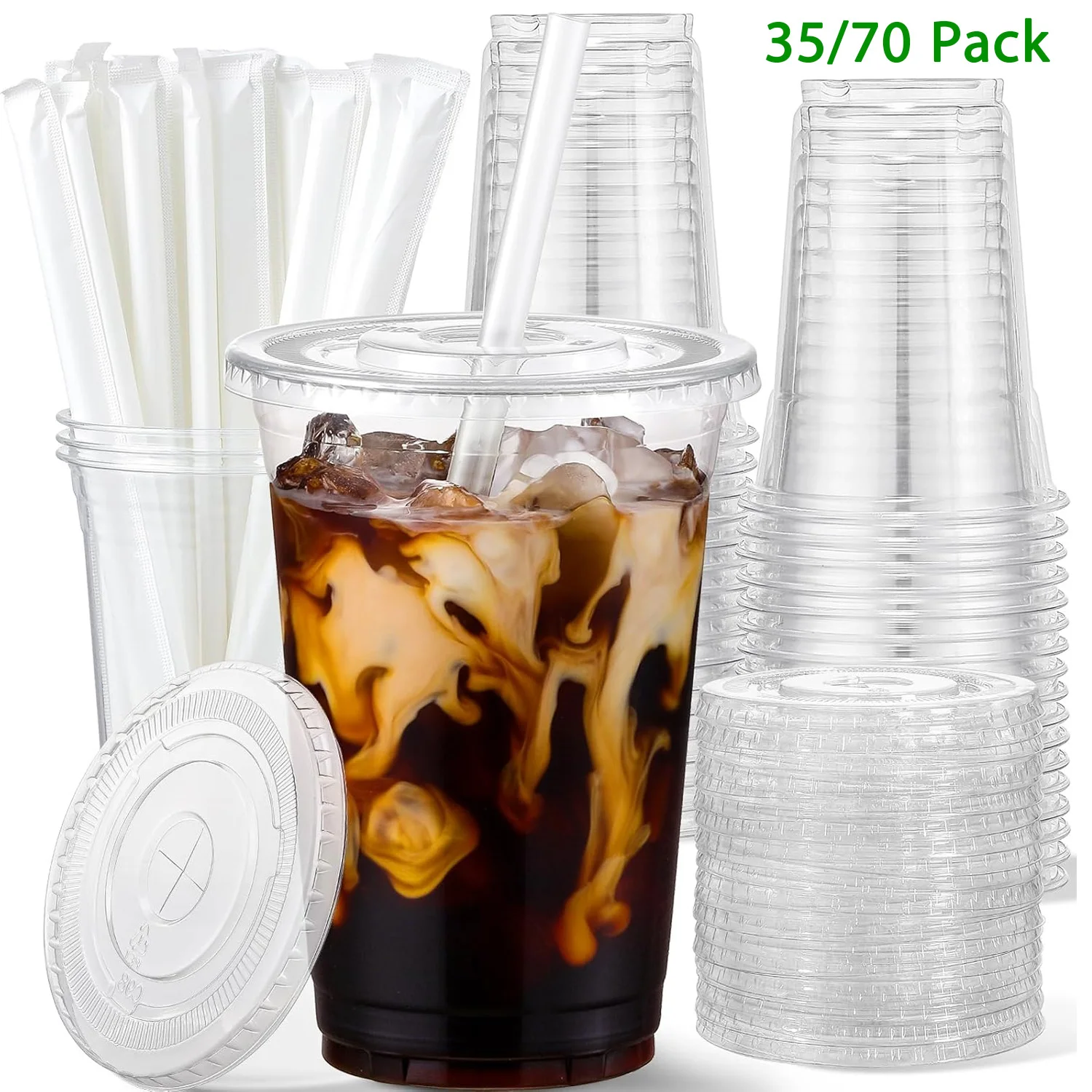 Paquete de 35/70 - Vasos de Plástico Transparente de 16oz/500ml con Tapas y Pajitas, Vasos Desechables para Café Helado, Aptos para Alimentos