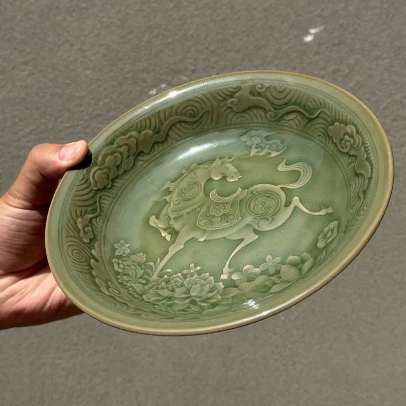 Yaozhou Kiln Celadon Handmade Ma Ta Flower Plate Chinese Style Intangible Cultural Heritage Ceramic Dish Home Decor Gift