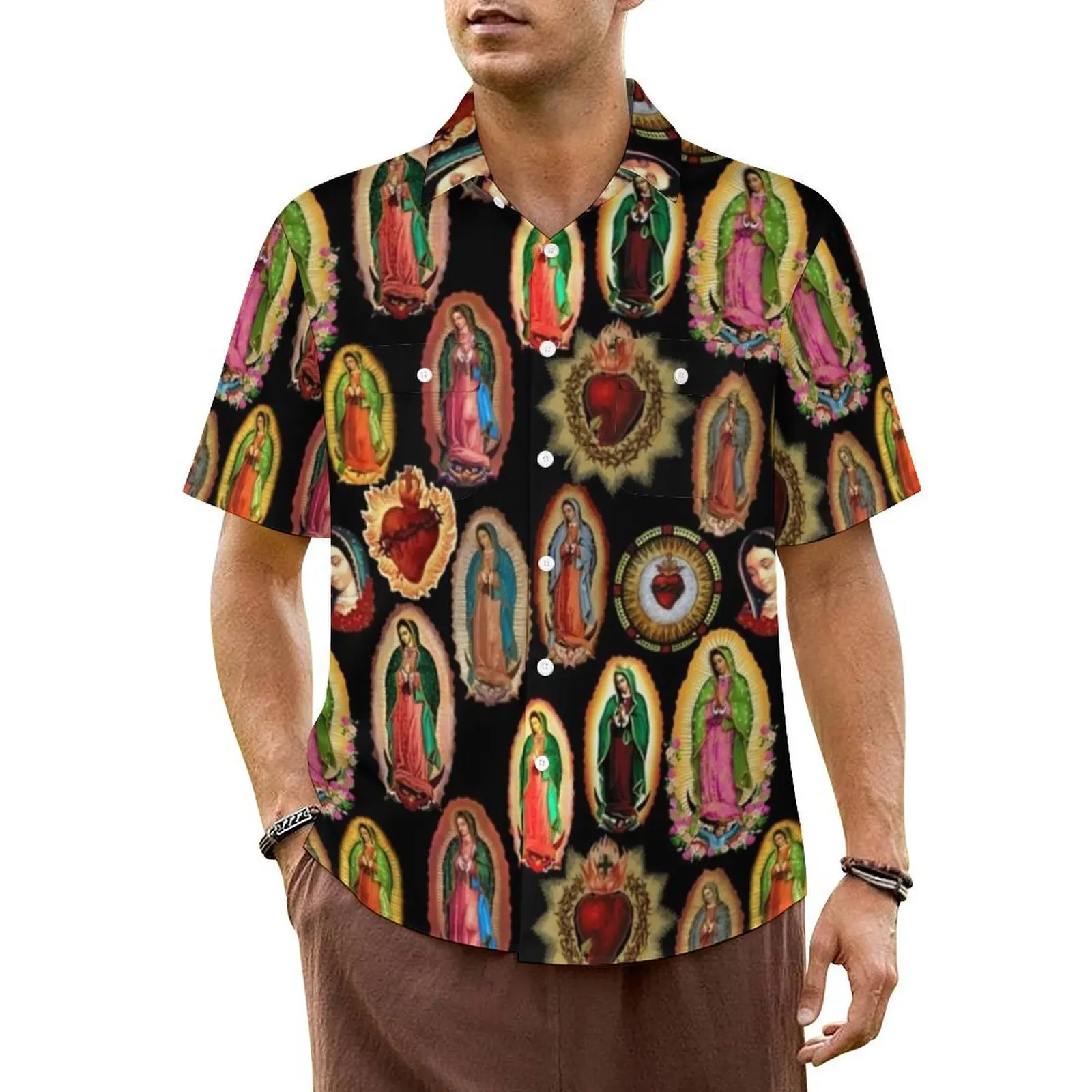 

Our Lady of Guadalupe Hawaiian Shirt For Mens Vacation Virgin Mary Casual Shirts Short Sleeve Streetwear Loose Oversized Blouses