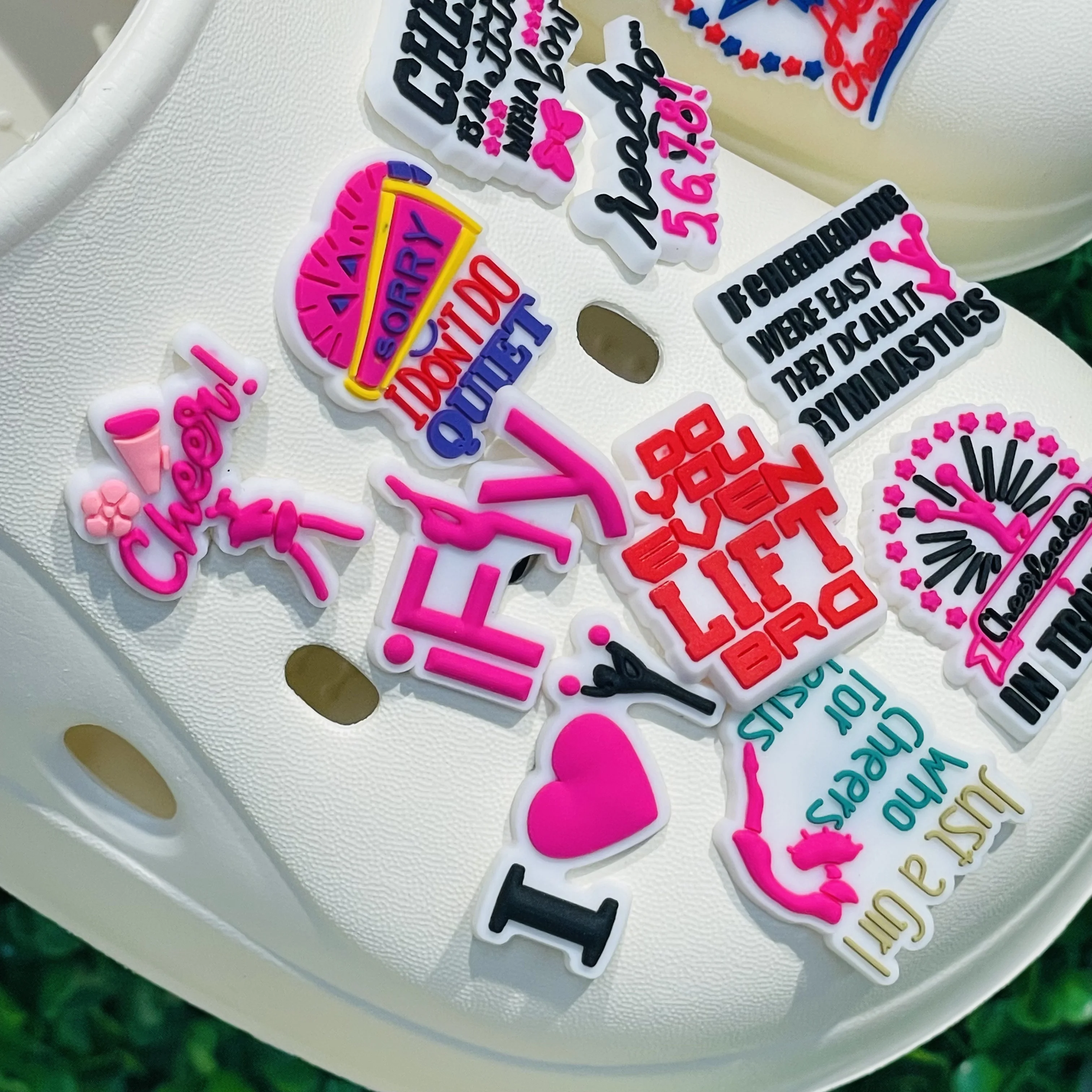 1-19PCS Cheer Girl Cheerleader Speaker PVC Shoe Charms Buckle Slipper Accessories Fit Wristband Garden Shoe Adorable Decoration