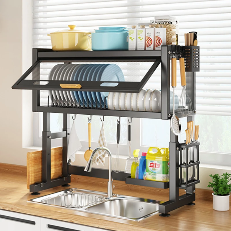 Thickened Sink Storage Rack Adjustable Dustproof Dish Shelf Stable Kitchen Organizer  Multi-Purpose Draining Rack