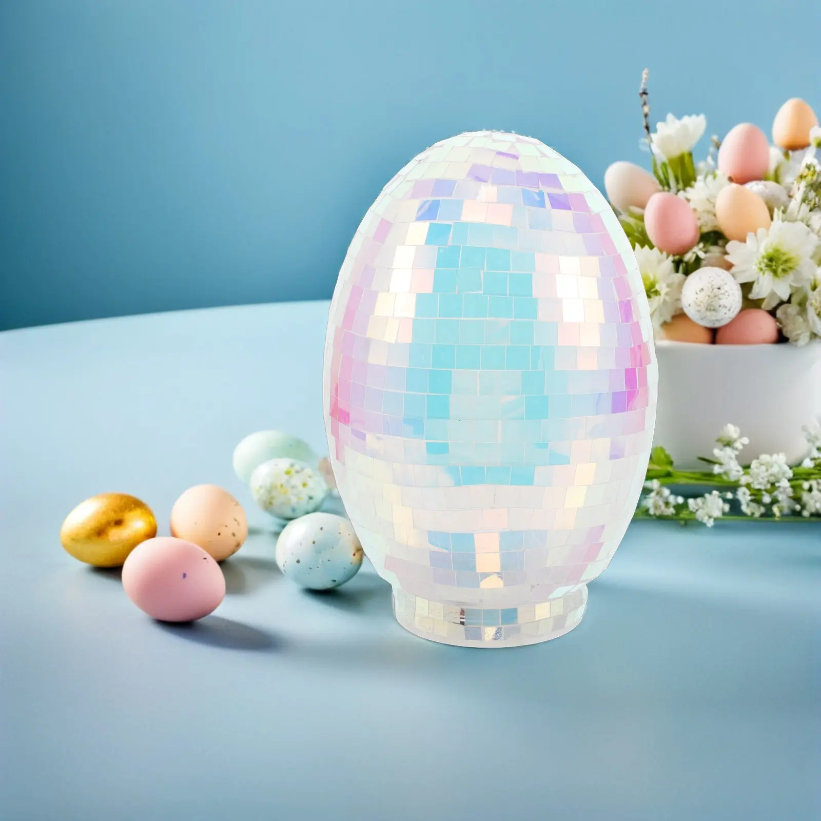 Glass Disco Mirror Ball Easter Egg Ornament – Elegant Spring Party Decoration for Office Tabletop Display