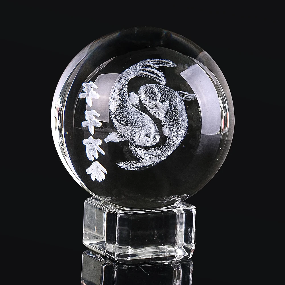 50mm 3D Engraved Crystal Ball Lucky Fish Koi Prosperity Figurines Paperweight Glass Spheres Table Centerpiece Home Decor Ball