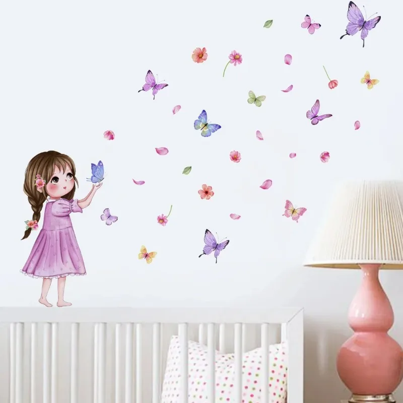 Little Girl Colorful Butterfly Wall Sticker Background Wall Room Decoration Self Adhesive Wall Sticker Kids Room Decoration