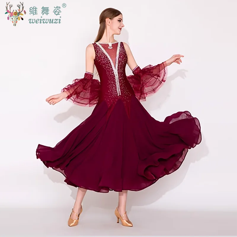 Traje de desempenho de dança moderna high-end luxo borgonha sem costas vestido adulto salão valsa dança competição roupas
