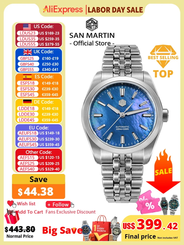 Image of San Martin 39mm MOP Zifferblatt Sport Gada Uhr Luxus Kleid Männer Miyota 90S5 Automatische Mechanische Armbanduhr Wasserdicht 100m SN0144