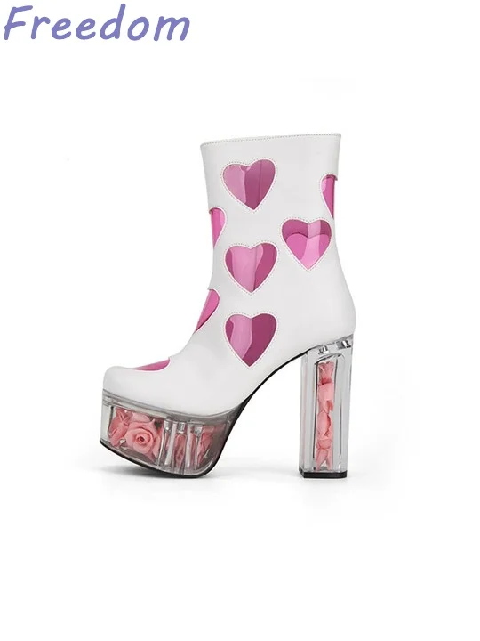 New sexy platform sheer pink heart rose block heel fashion boots with heightened platform women's shoes high heeled mid-barrel