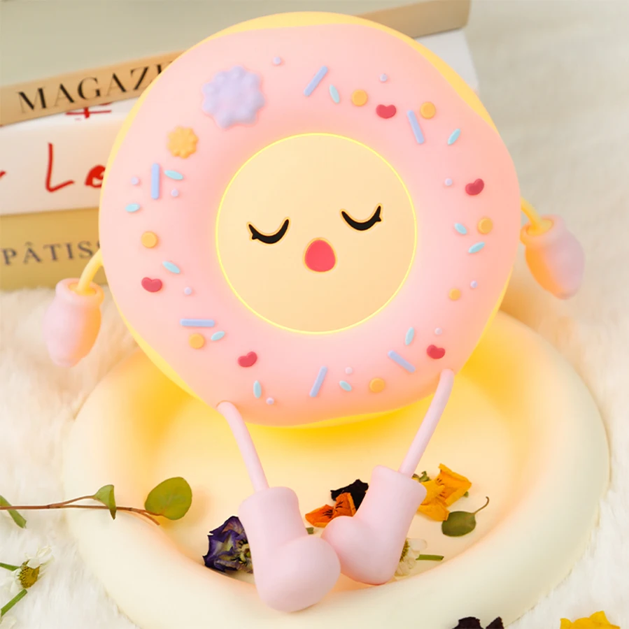 1pc Cute Donut Lamp Adorable Silicone LED Night Light Portable Light Up Dimmable Bedside Table Lamp Rechargeable Desk Accessory