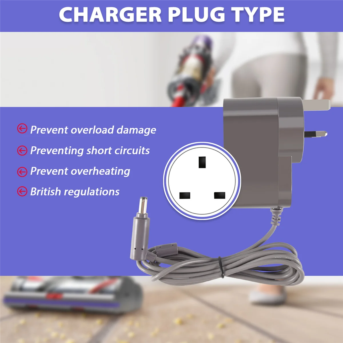 Adaptador de cargador de línea de Cable de 1,85 M para Robot aspirador DYSON V6 V7 V8, enchufe del Reino Unido