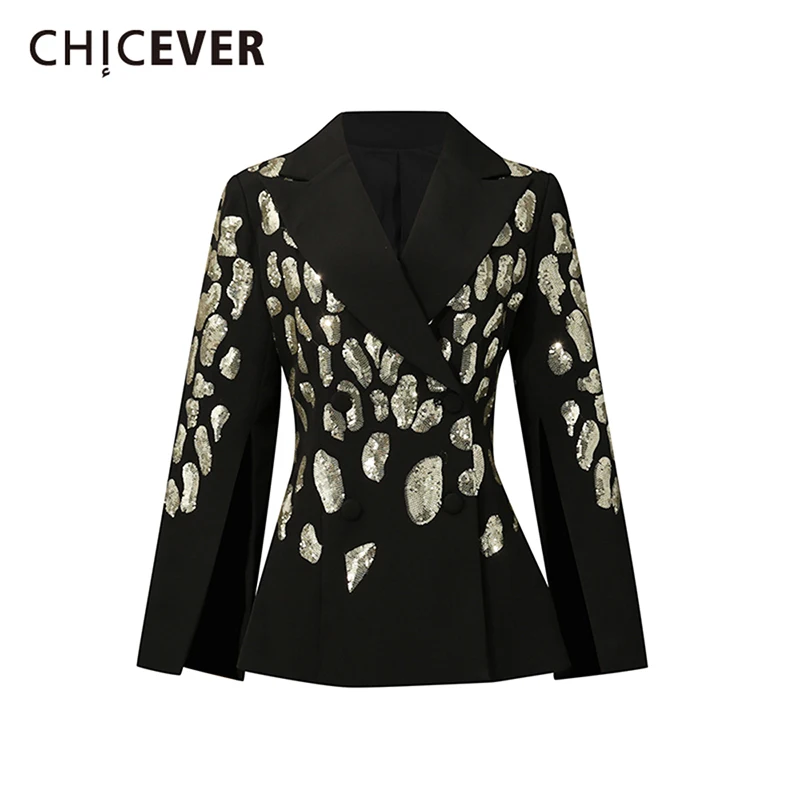 

CHICEVER черная куртка с блестками, женская свободная уличная одежда с лацканами и длинными рукавами, женские куртки, осенняя мода, новый стиль
