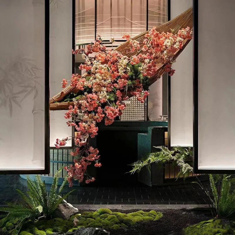 Simulation fake flower landscaping entrance art decoration club restaurant flower arrangement bamboo boat suspended cherry