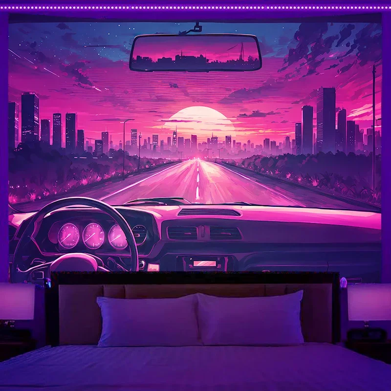 Fluorescent tapestry neon city racing landscape cyberpunk wall hanging bedroom room party hippie decoration background cloth