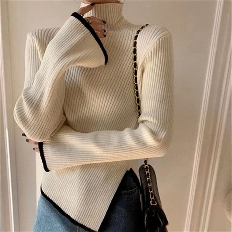 Women's Turtleneck Sweater and Pullover Winter 2023 New Side Slit Knitted Sweaters Female Long Flare Sleeve Knitwears