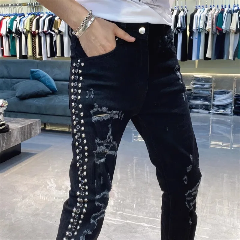 Black 2024 Elastic Slim Fit Destroyed Ripped Pantalon Homme Skinny Rhinestones Stretch Denim Pants Streetwear Rivet Men Jeans