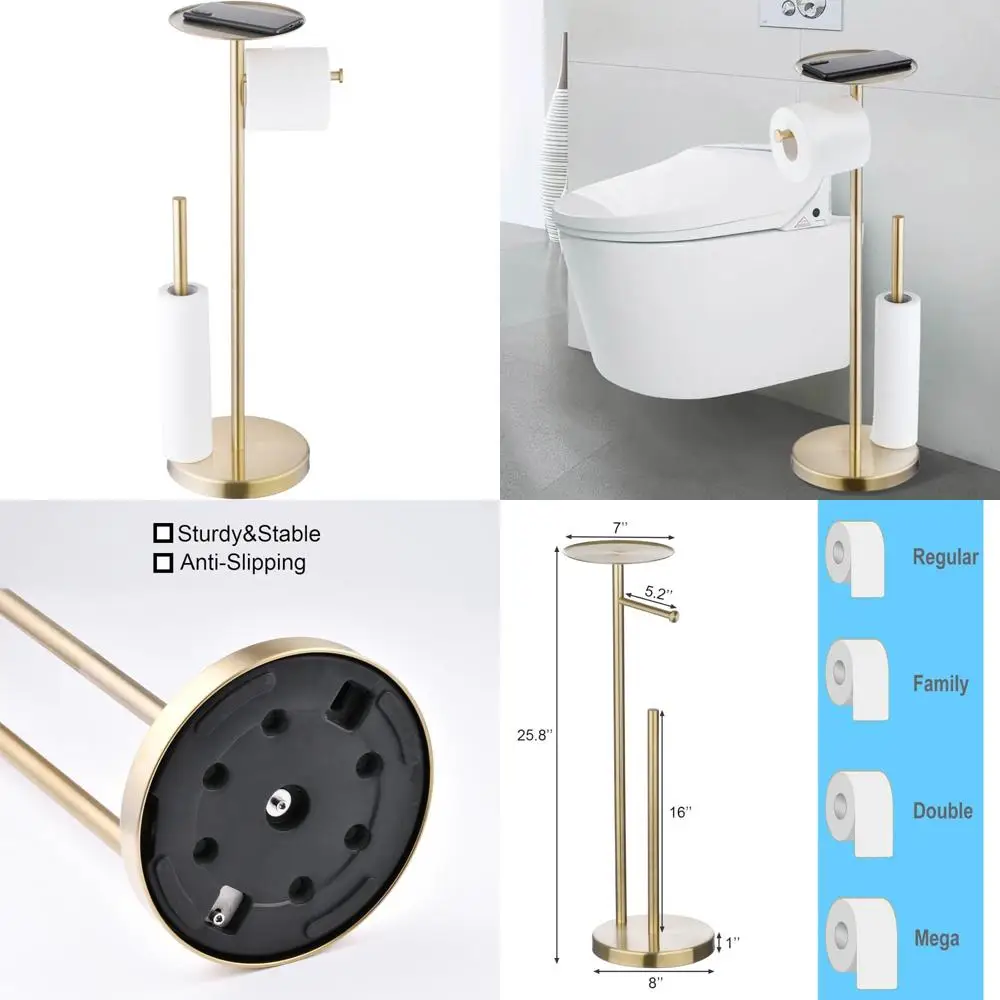 

Подставка для держателя туалетной бумаги, отдельно стоящий держатель для туалетной бумаги из нержавеющей стали с противоскользящим основанием и полкой для телефона и мелких работ