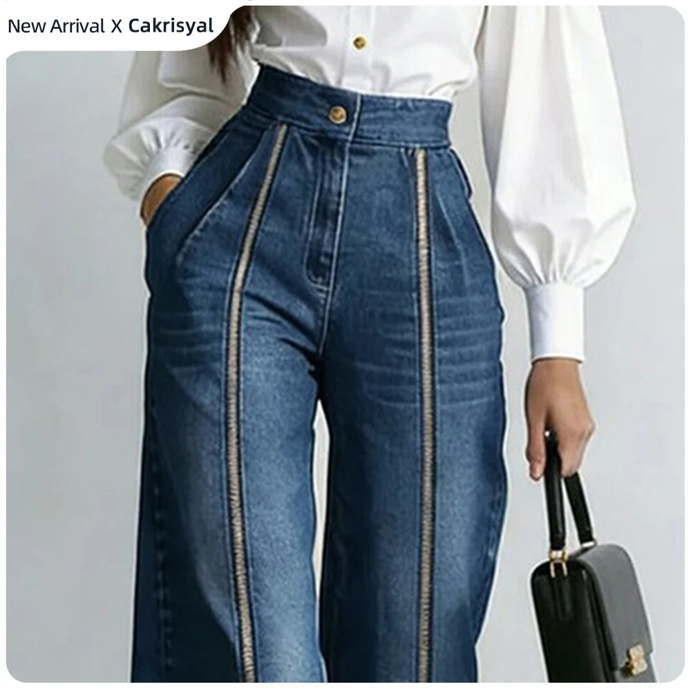 Kadın Şık Çift Altın Fermuarlı Denim Kot Pantolon Günlük Yüksek Bel Vintage Düz Paça Geniş Bacaklı Sokak Modası Denim Pantolon