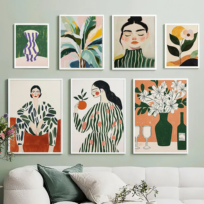 Green Striped Girl Vase Flower Leaves Wall Art Canvas Painting Abstract Posters Prints Hotel Bar Living Room Office Wall Deco