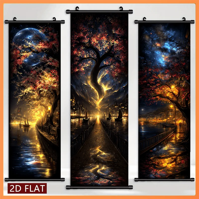 VIKAMA Mystic Moonlight Red Maple Harbor City Triptych Wall Scroll Poster Vintage Fantasy Canvas Art Print Hanging Painting