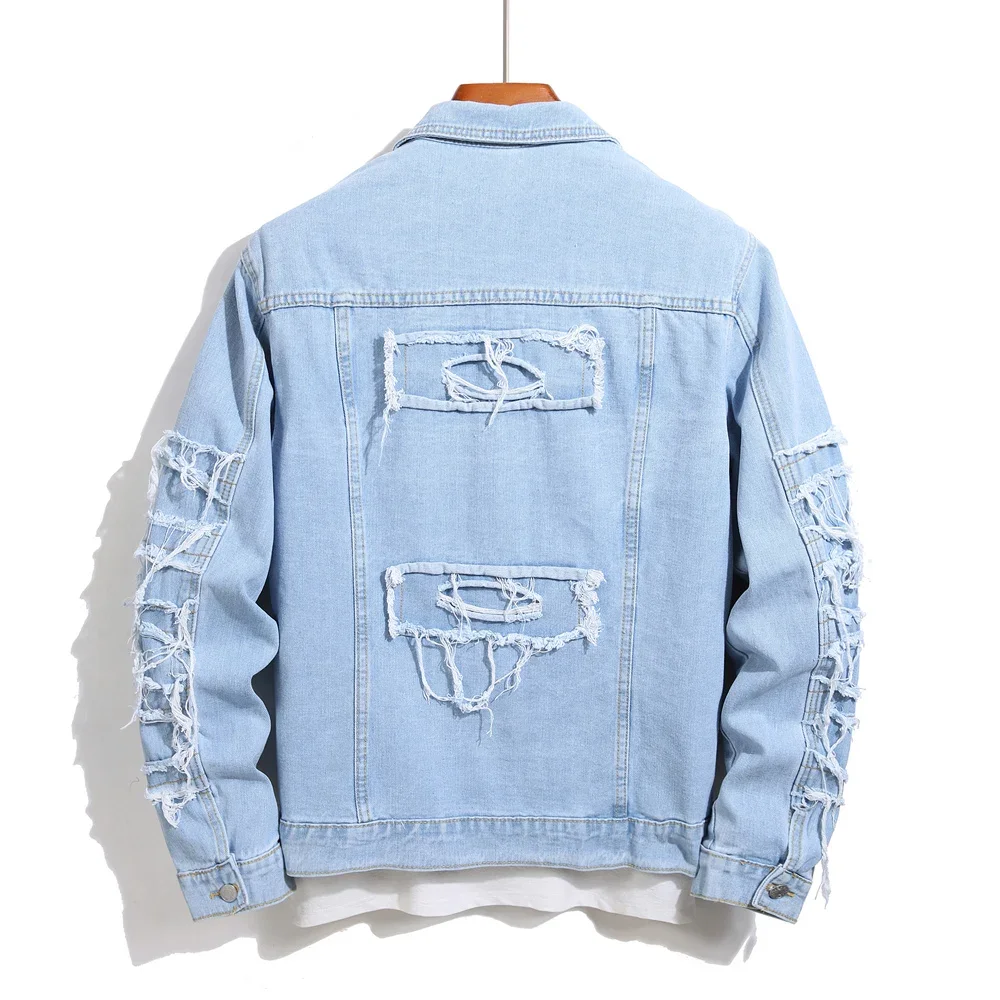 

Stylish Street Style Men Ripped Distressed Stacked Splicing Slim Denim Jacket High Quality Male Motorcycle Jacket Coat