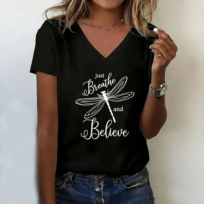 Graphic Tee Dandelion Just Breathe T-shirt V Neck Casual Fashion T Shirts Women Short Sleeve Tee Shirt V-Neck Summer Spring