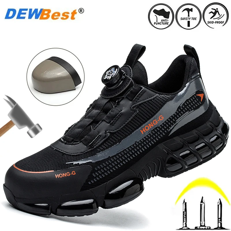 

Men's lightweight steel toe cap anti smashing and anti piercing work shoes, breathable rotating button lazy safety shoes