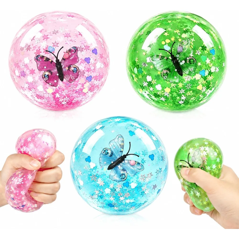 3PCS Squishy Stress Balls for Adults 6cm Butterfly Sequin Slow Rising Fidget Toys Anti Stress Squeeze Balls