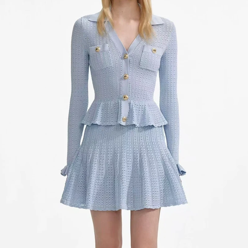 

Two long-sleeved knitted dresses with a V-neck hook flower cutout and cinched waist for the summer of 2025