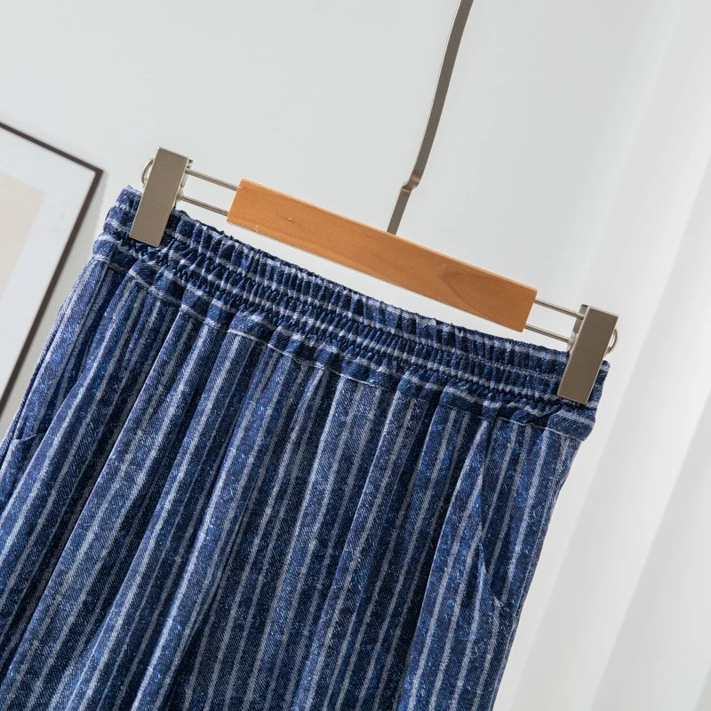 Women Pants 100% Mulberry Crepe Silk Blue Jeans Striped Printed Pocket Wide Leg Long Trousers Elastic Waist Office Lady QQ002