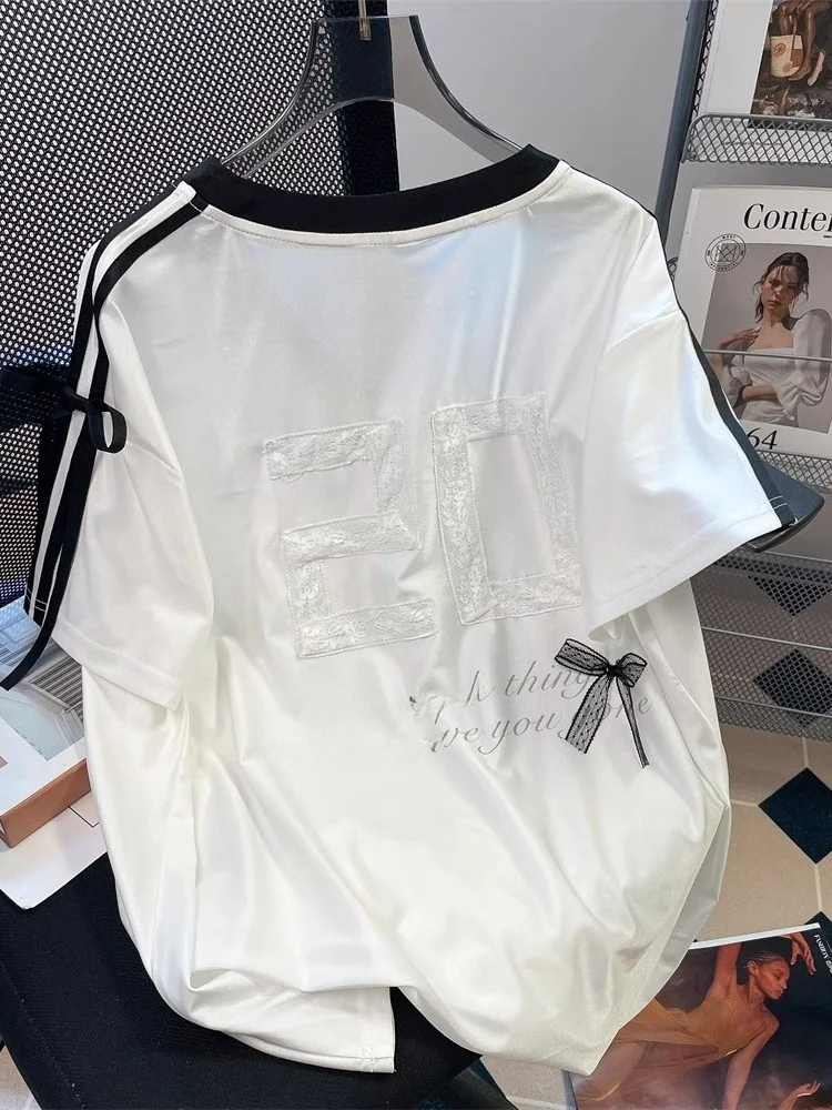 plus Size Summer Casual Sports Ballet Style T-Shirt Women's Retro American Fat MM 300 Pounds Short Sleeve V-Neck Top