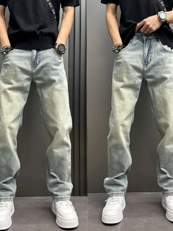 Retro Washed Loose Fit Straight Leg Jeans Men's Slimming Style American Style Casual Destroyed Denim Pants CleanFit Style