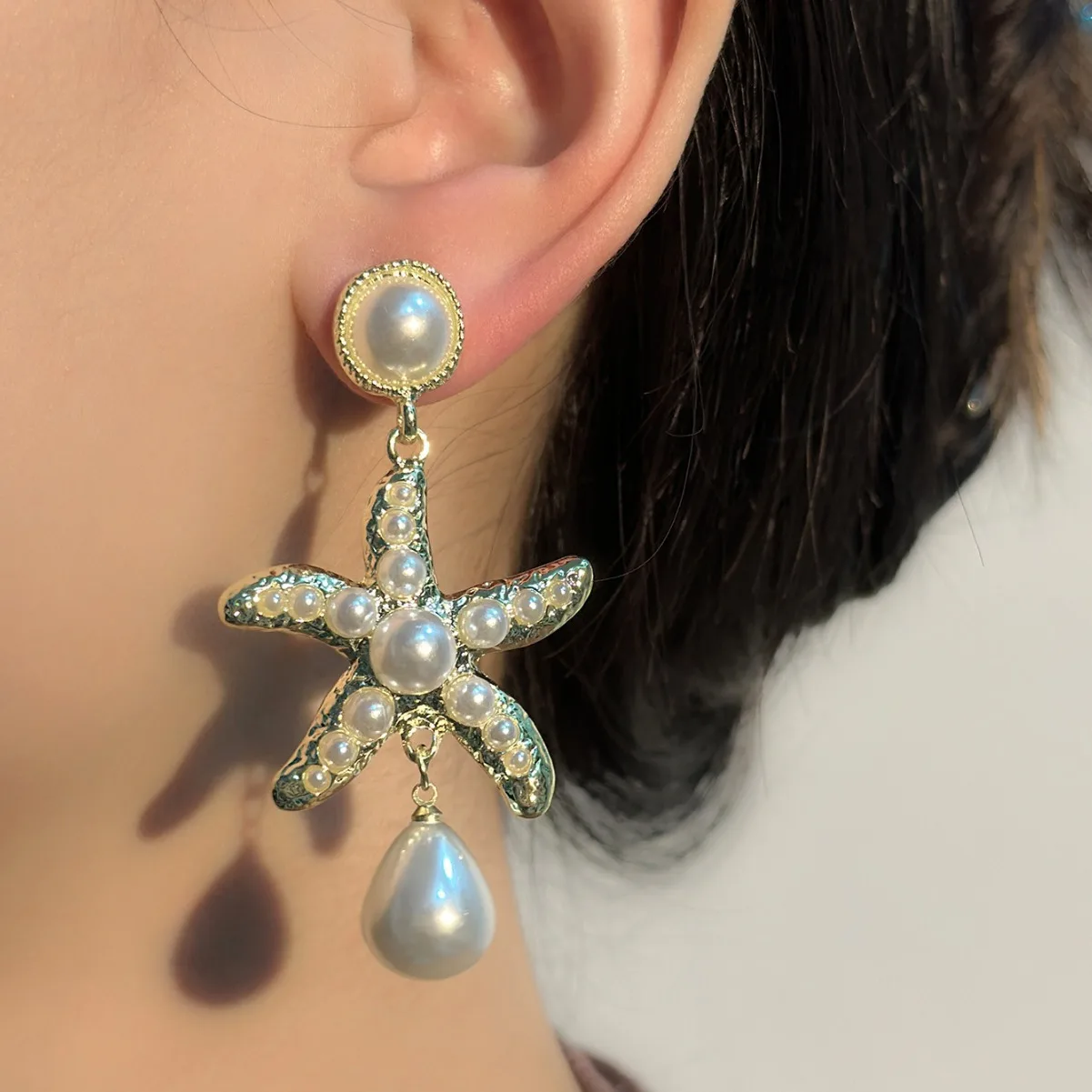 2pcs Fashion Starfish Ocean Light Luxury Style Alloy Artificial Pearl Silver Color Earring Pendant Woman Party Prom