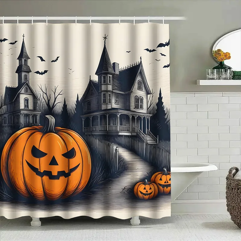 Tuniu Spooky Halloween Curtain Dark Manor Haunted House Pumpkins Scary Bathroom Decor 118x180cm