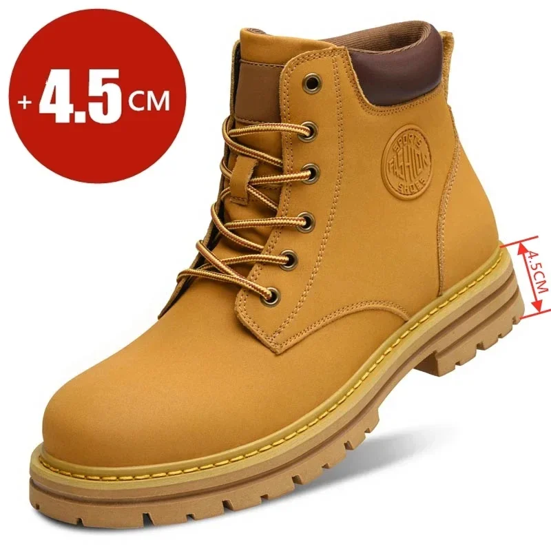 

Height Increasing 4.5CM Boots Big Size Men High Top Boots High Quality Women Leather Shoes Outdoor Sneakers Lace Up Ankle Boots