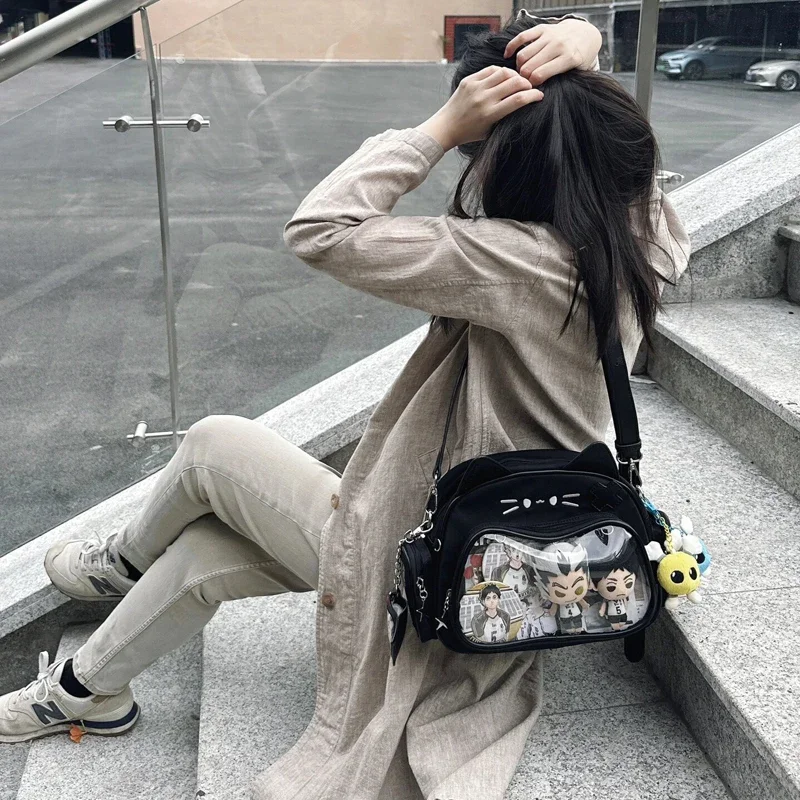 For Women White Backpacks Y2K Korean Japan Kawaii Cat Ita Bag PU Cute Girls Transparent Pocket Aesthetic Shoulder Crossbody Bags