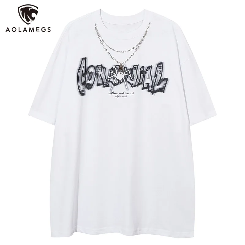 

Aolamegs Gothic Men Short Sleeve T Shirts with Necklace Vintage Spider Letter Print Tees Hip Hop Streetwear Y2k Cotton Tops