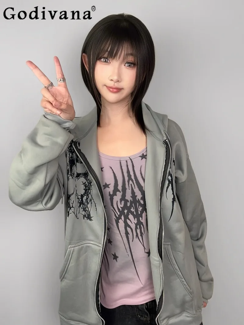 

Японская куртка-кардиган в готическом стиле Y2K, с капюшоном, серая, для осени и зимы, новинка весна-осень 2026