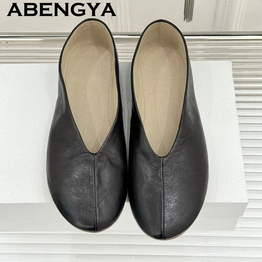 

ABENGYA/лоферы из натуральной кожи с круглым носком, туфли на плоской подошве, женские простые туфли на низком каблуке с неглубоким носком, летние прогулочные туфли для бабушки
