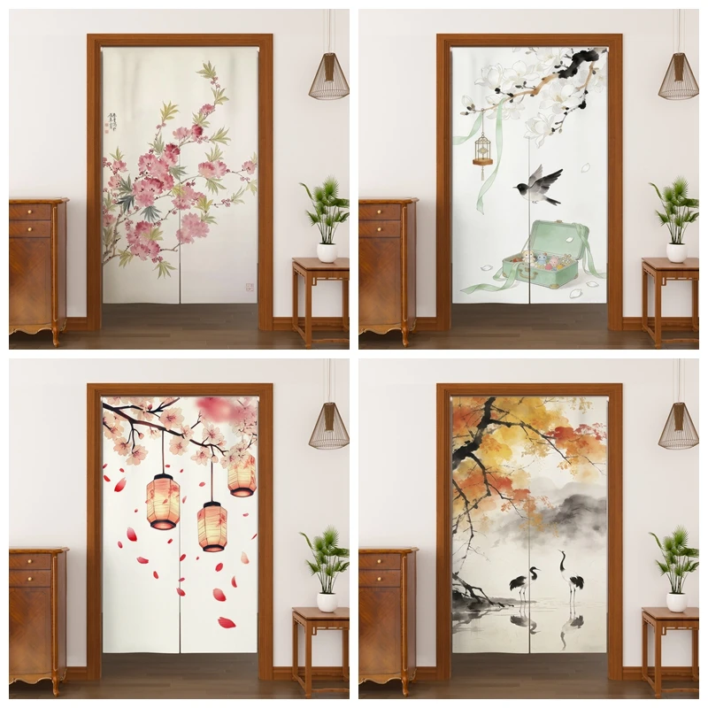 Chinese Style Noren Door Curtains Plum Blossom Bird Lantern Linen Doorway Curtains Kitchen Bedroom Split Hanging Half Curtains