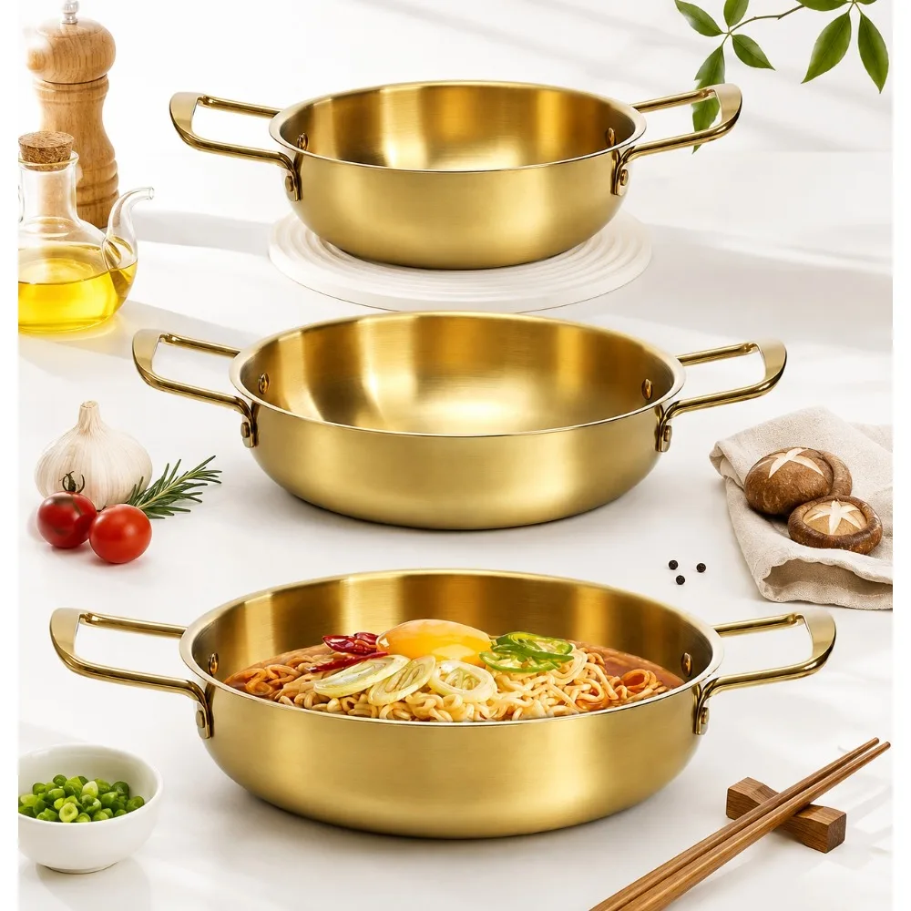 3pcs Korean Stainless Steel Pot Double Handle Ramen Hot Pot Mini Soup Cooking Utility Tool Kit Sets Pro Max Essentials Plus