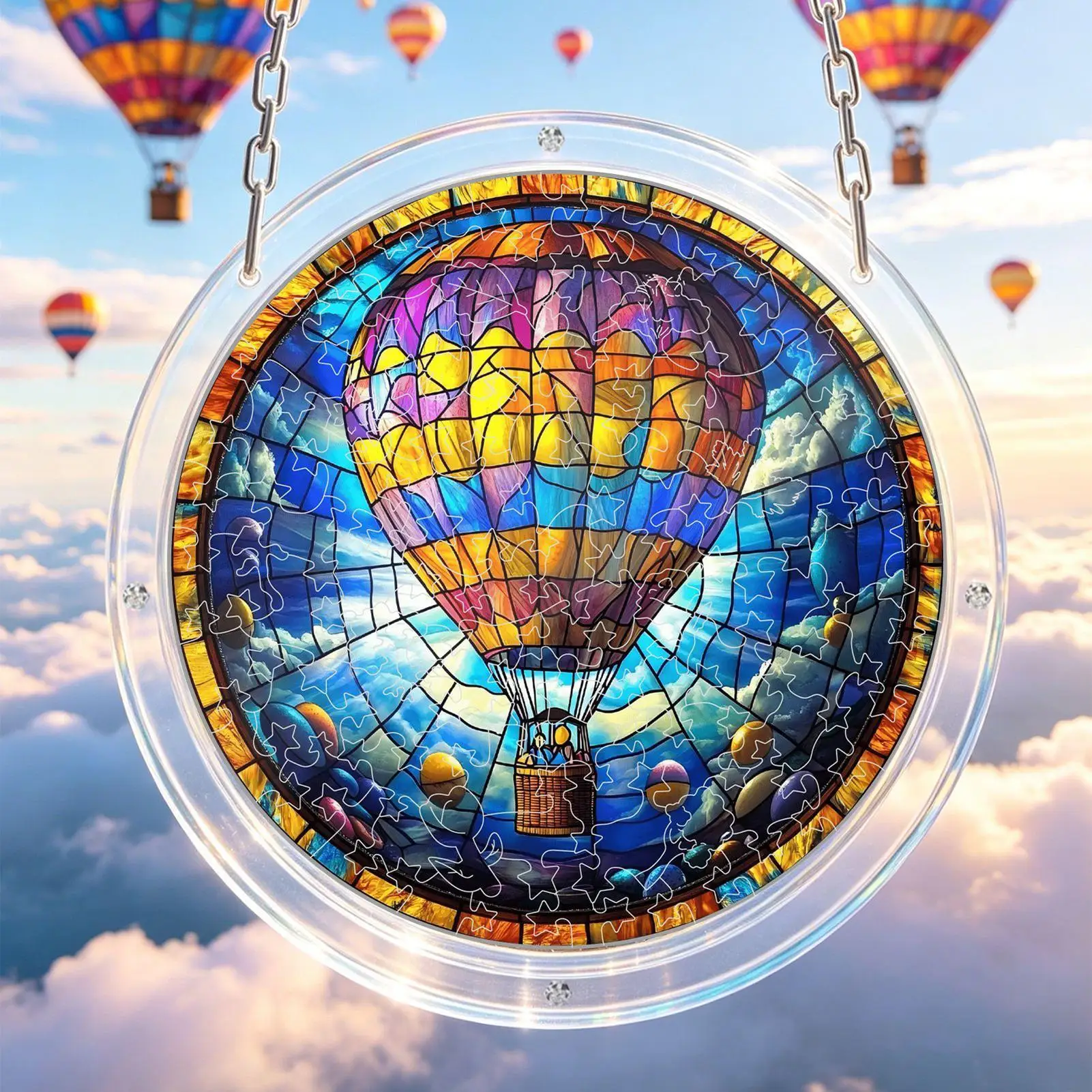 Acrylic Puzzle Suncatcher 82 Pieces Acrylic Imitation Stained Glass Sign Hot Air Balloon Pattern Window Suncatcher Art Kit For