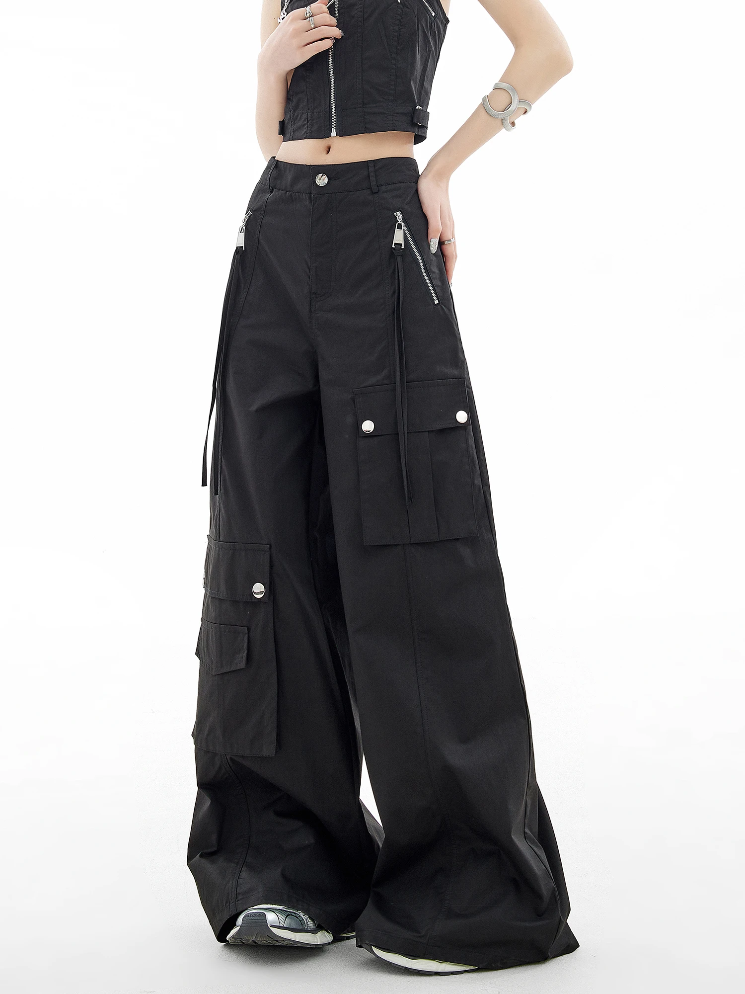 

Black Flared Utility Pants Women's Loose Straight Wide Leg Pants Summer New Style Casual Trousers High Waist Pocket Design