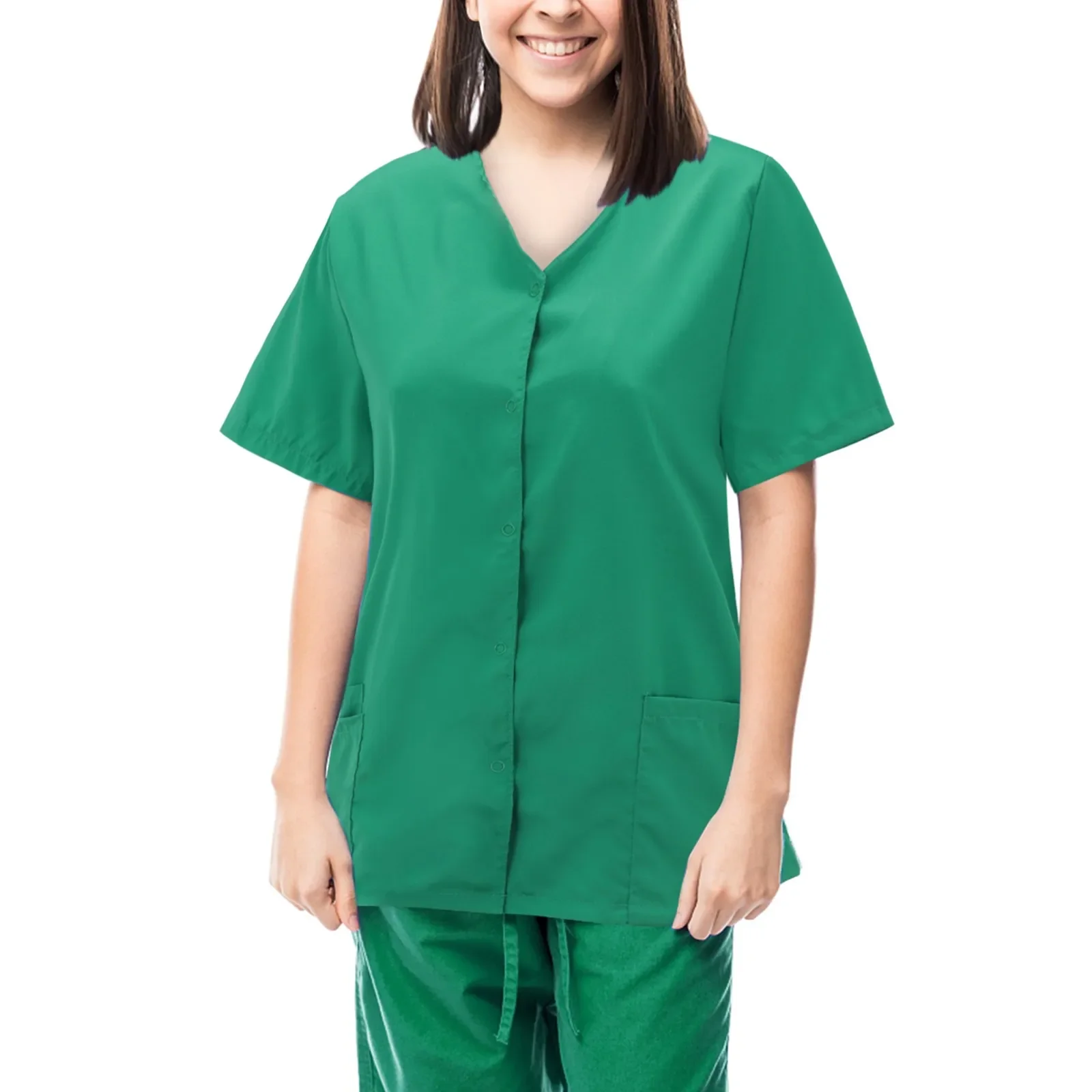 Mulheres Manga Curta Uniforme de Enfermagem, Uniformes de Enfermeira, Tops, Colarinho Irregular, Blusa de Bolso, Roupas de Trabalho Monocromáticas, Acessórios