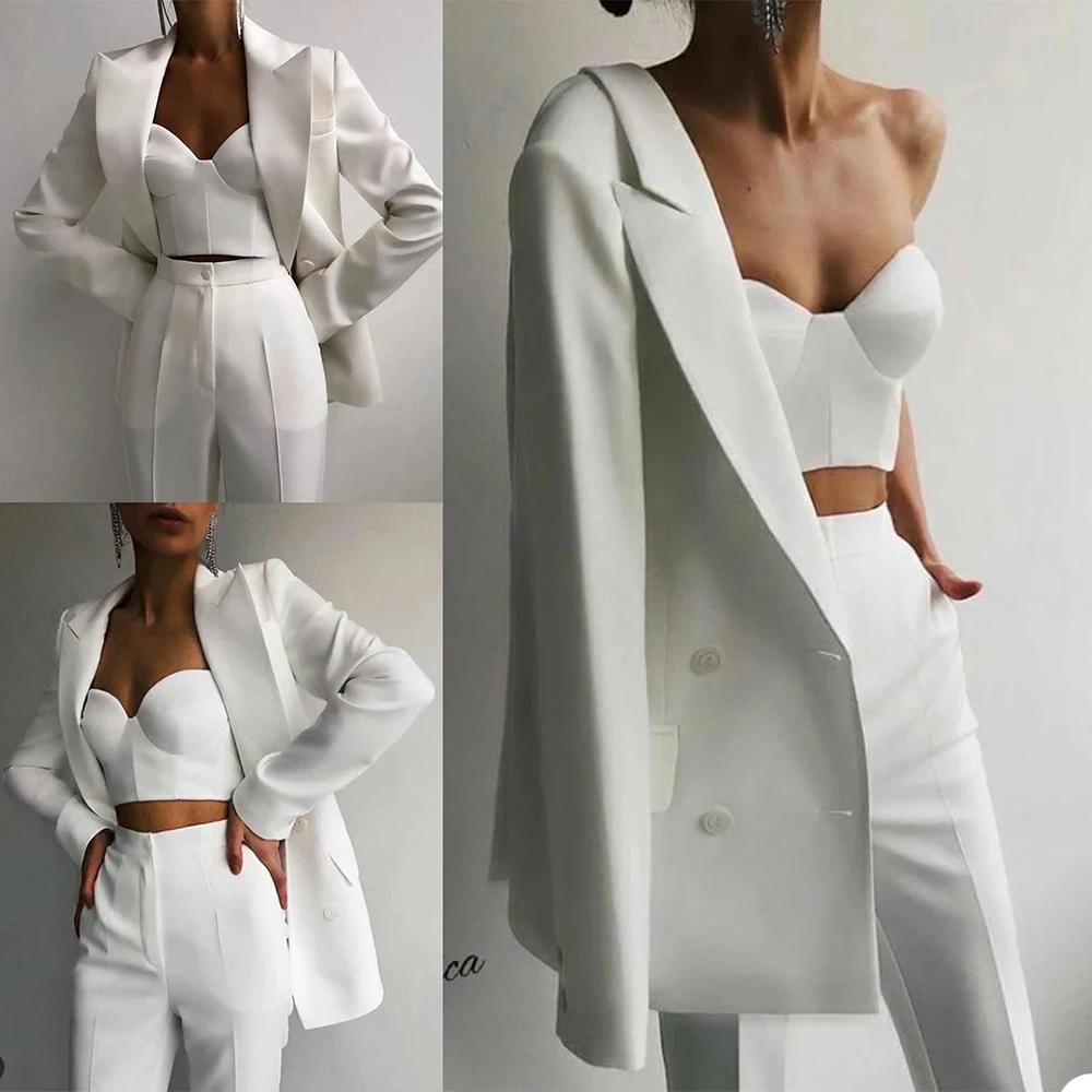 

3 Pcs Women Suits For Custom Made White Blazer+Bra Top+Pant Wedding Tuexdos Formal Office Evening Party Hot Girl Outfit Jacket