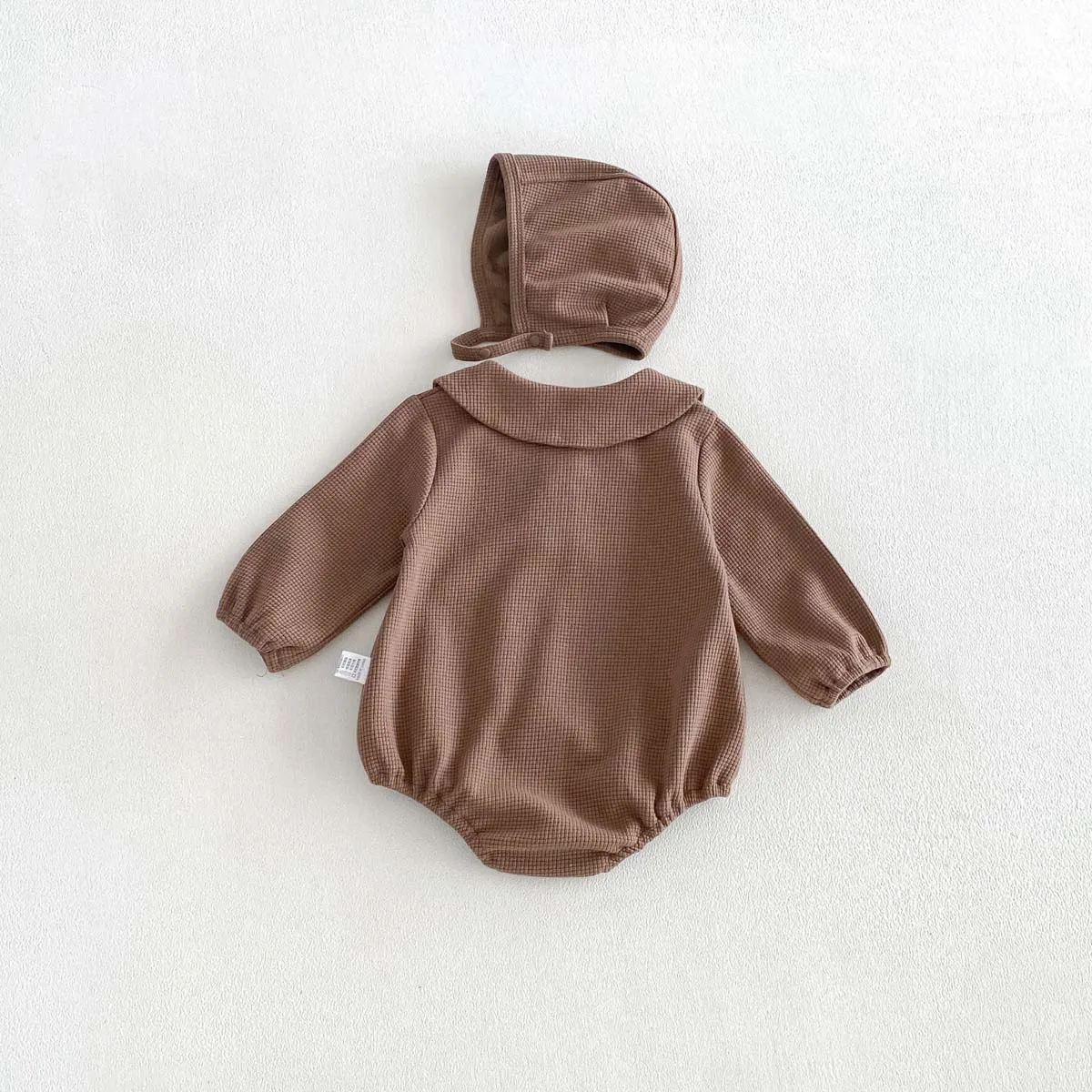 Newborn Waffle Knit Bodysuit Set Matching Hat Peter Pan Collar Long Sleeve Snap Bottom Soft Gentle Infant Daily Indoor Outfit