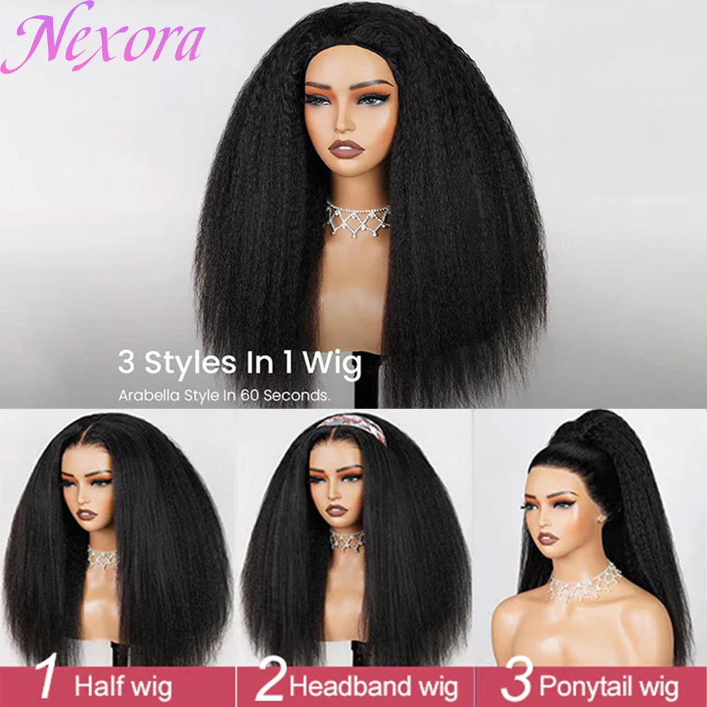 

1B Black Half Wig Kinky Straight Brazilian Human Hair No Lace No Glue Seamless Clip In Half Wig With Bleached Knoted Flash Sale