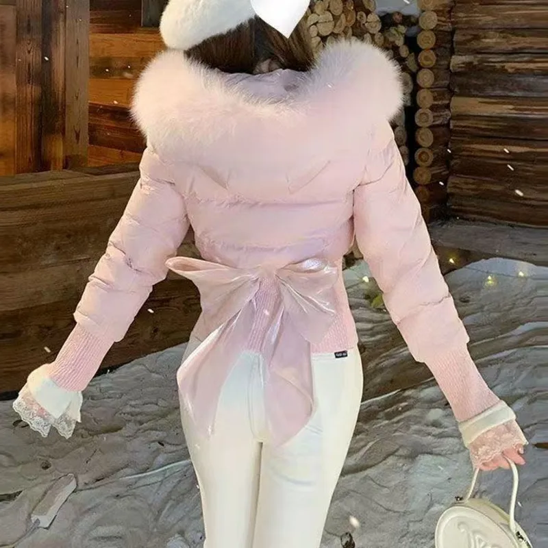 

​​Women's Light Pink Puffer Jacket with Bow Back Detail & Furry Hood, Sweet Winter Cozy Zipper Outerwear Coat Slim Clothes