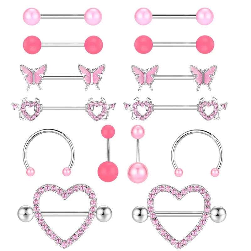 

Pink Heart Butterfly Nipple Piercing Set Stainless Steel Crown Nipple Jewelry Bulk Crystal Lot Piercing Body Jewelry Pack