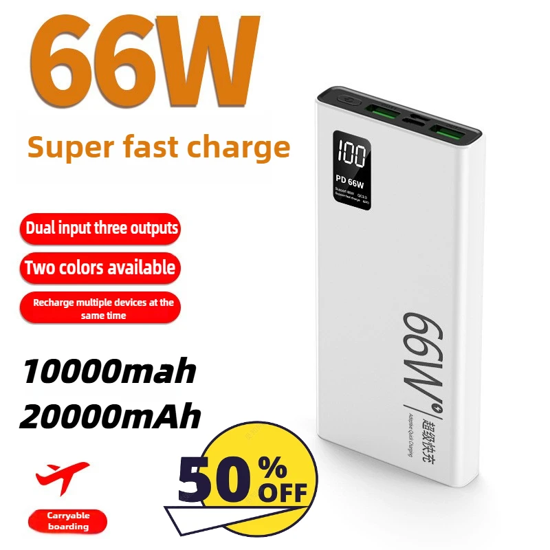 

20000mAh 66W Ultra-thin Fast-charging Power Bank LED Digital Display Portable Battery Suitable for IPhone Huawei Xiaomi