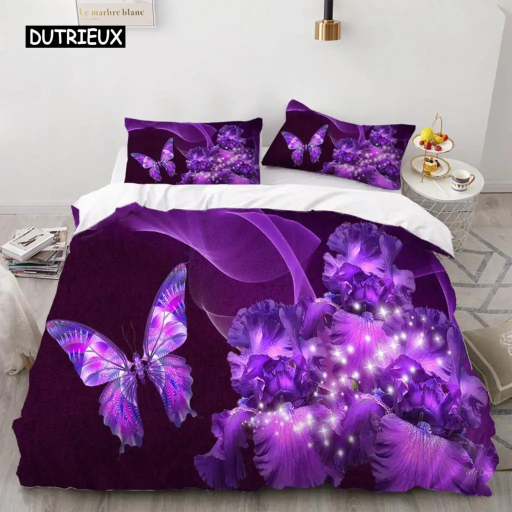 

Butterfly Duvet Cover Set 3D Galaxy Purple Butterfly Floral Printed Bedding Set Fantasy Theme King Size Comforter Cover for Girl