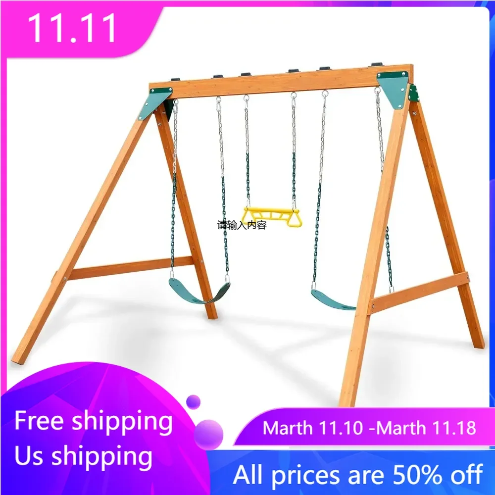 

Wooden swing set, each swing can support up to 115 pounds, 92 inches deep x 104 inches wide x 82 inches high, free shipping